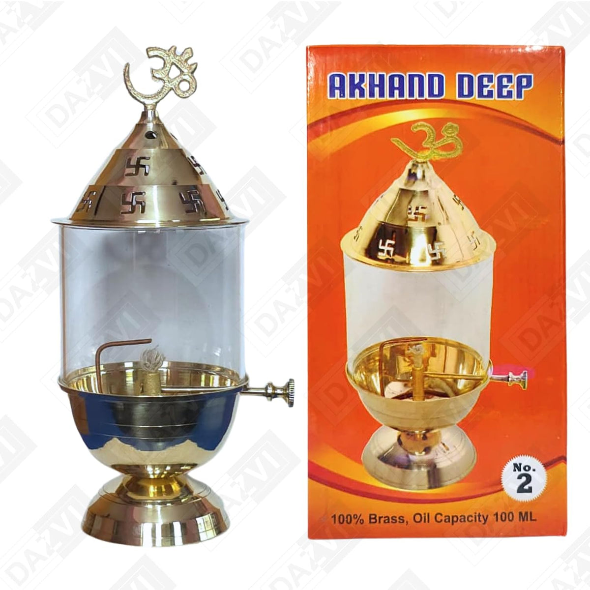 Brass Akhand Jyot Diya with Adjustable Bati Wick Lifting Screw Home Decoration Gifting Joyti Holder Navratri & Borosilicate Glass Cover Diyas Pooja 9 inch 100 m