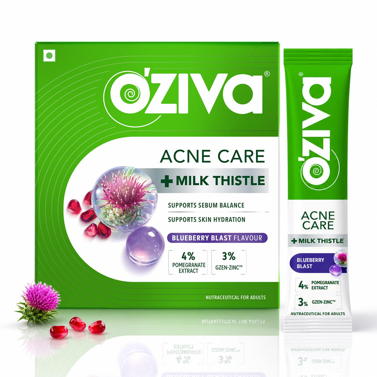 OZiva Acne Care + Milk Thistle | Acne Supplements with Pomegranate Extract for Sebum Balance & Skin Hydration | Soothes Skin Inflammation with Milk Thistle | Bl