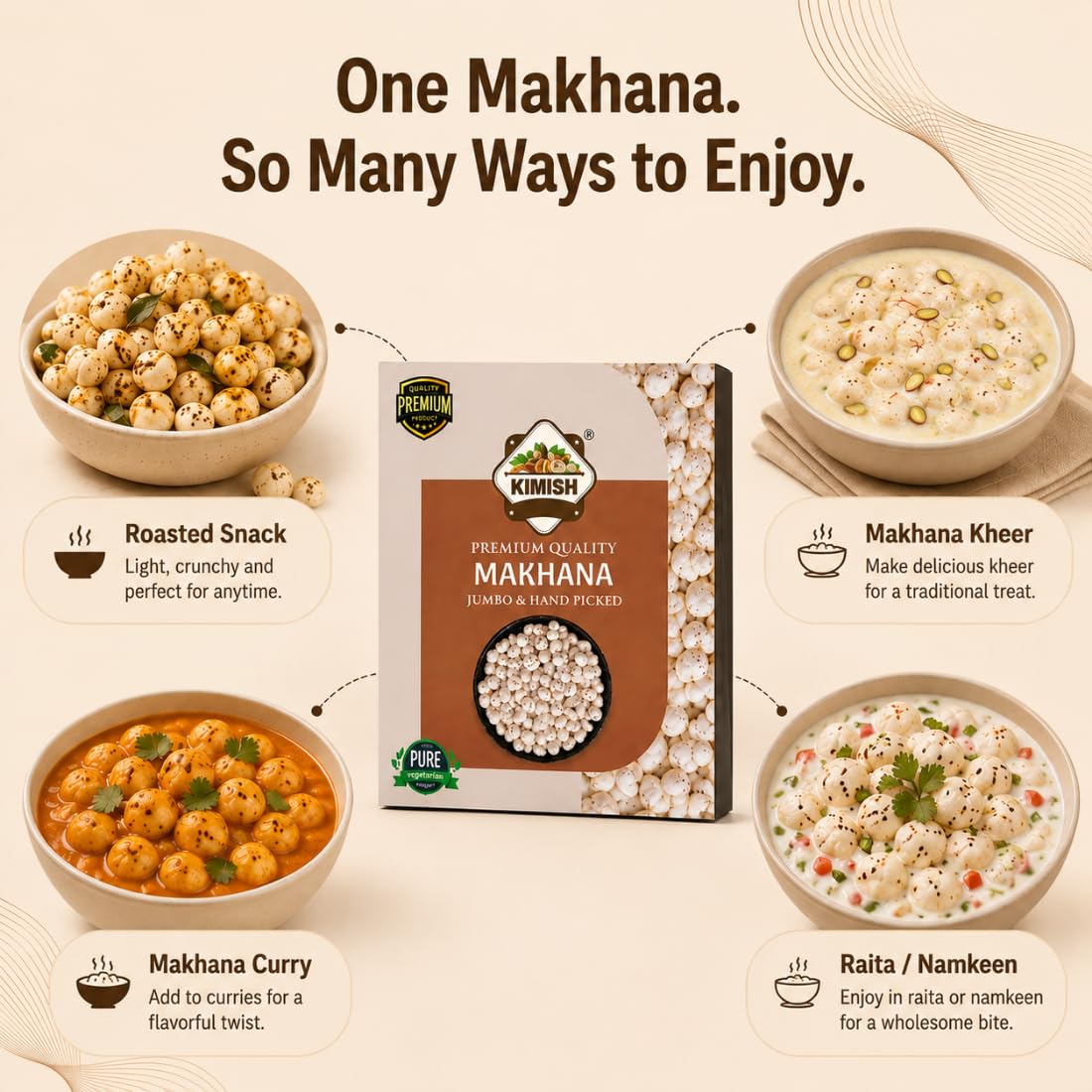 KIMISH Premium Quality Raw Makhana | 200g | Jumbo & Hand Picked Fox Nuts | Phool Makhana for Snacking, Fasting & Indian Recipes | Crunchy Lotus Seeds | 100% Veg