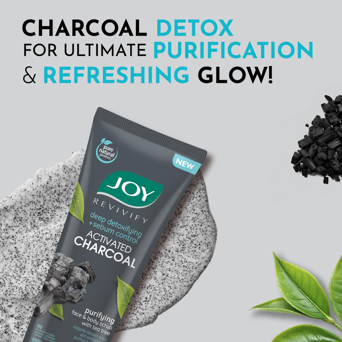 Joy Exfoliating Charcoal Face Scrub for Men & Women (200gm) | Oil Control Scrub For Face with Tea Tree | Detoxifies & Purifies All Skin Types | 100% Vegan; Gent