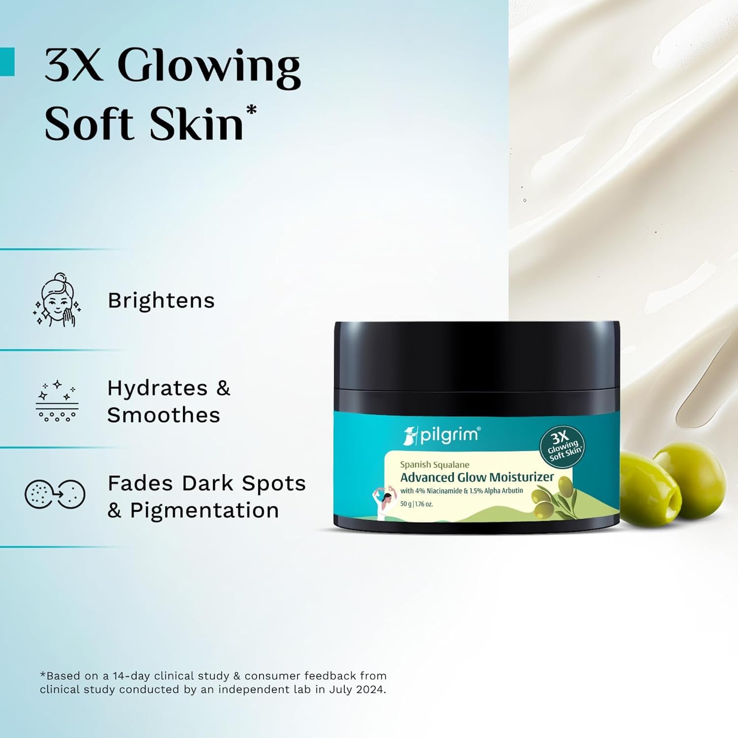Pilgrim Squalane Niacinamide & Vitamin C Glow Moisturizer for face, dry skin hydration | With vitamin c for glowing skin | Non-greasy | For Women and Men I 50 gm