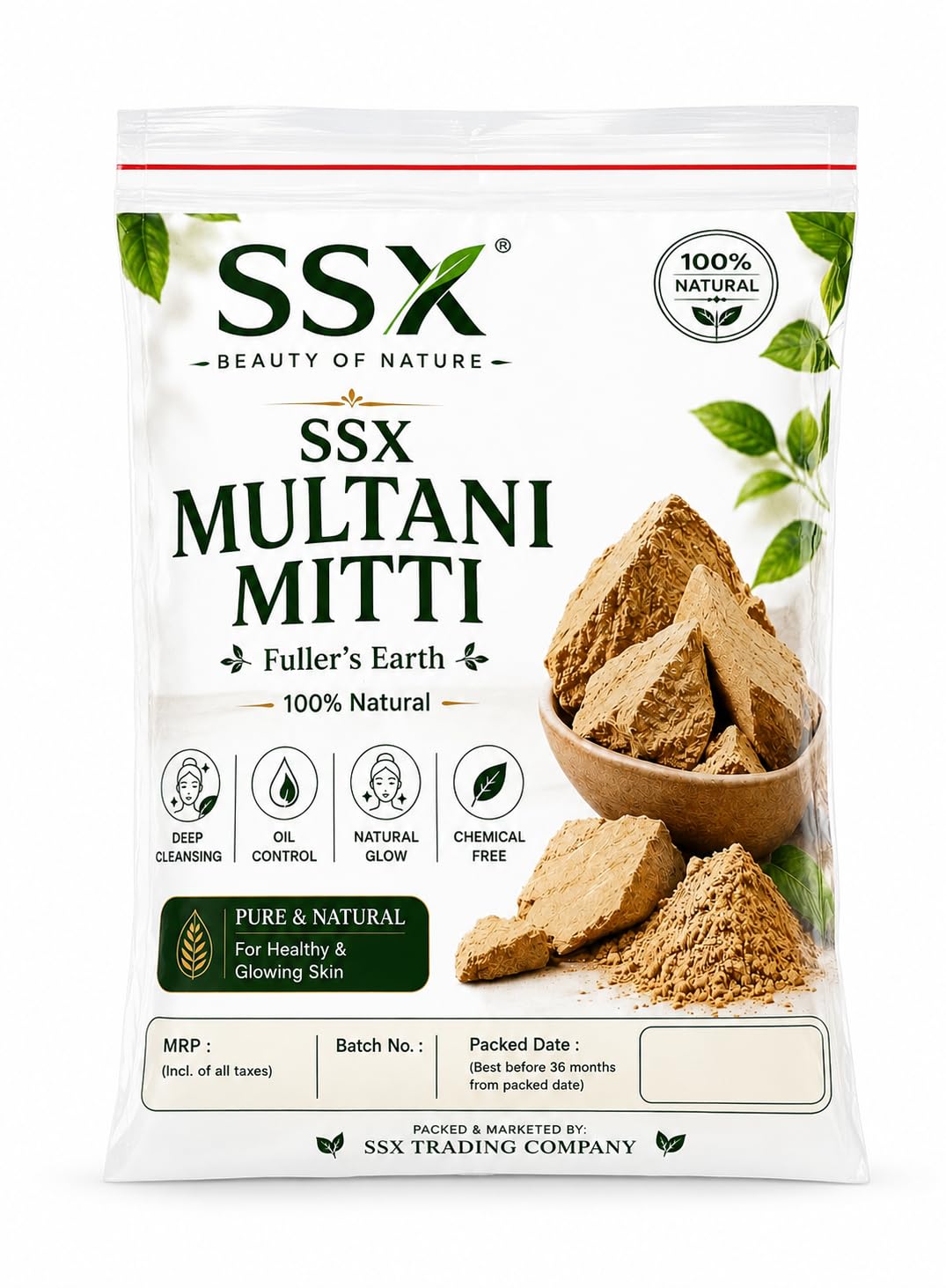 SSX Natural Multani Mitti Stone for Face & Hair, Original Fuller’s Earth Block for Skin Care, Pure Organic Clay, Traditional Face Pack, 500g