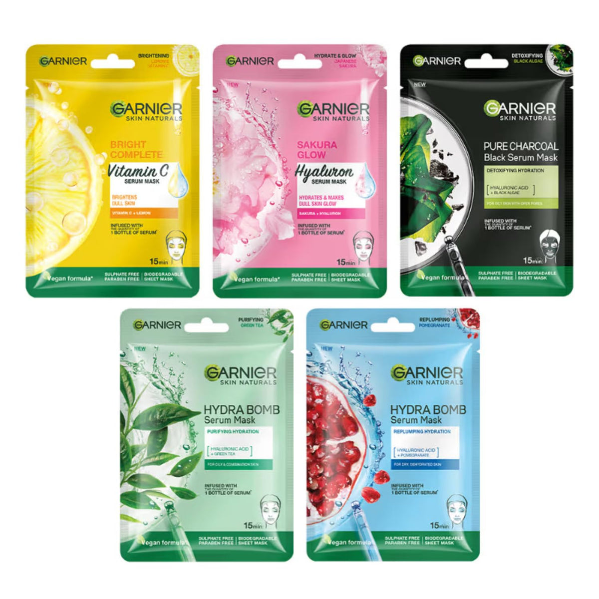 Garnier Skin Naturals, Face Serum Sheet Mask, Pack of 5 (Light Complete, Sakura, Blue, Green Tea, Charcoal)