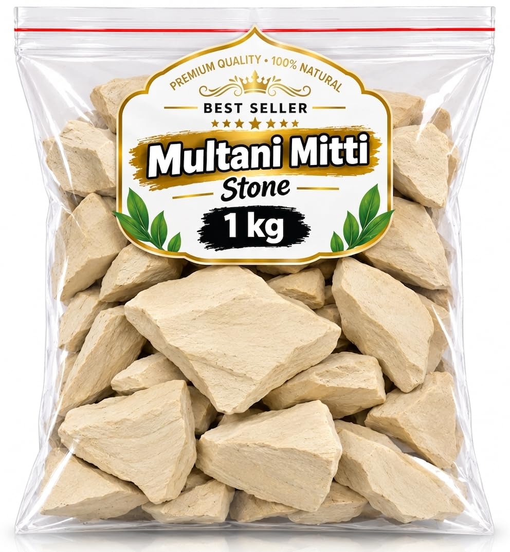 Pure Natural Multani Mitti Stone 1kg - Organic Raw Fuller's Earth Chunks/Dhela for Face Pack, Oily Skin, Acne Control & Hair Care (1000g)