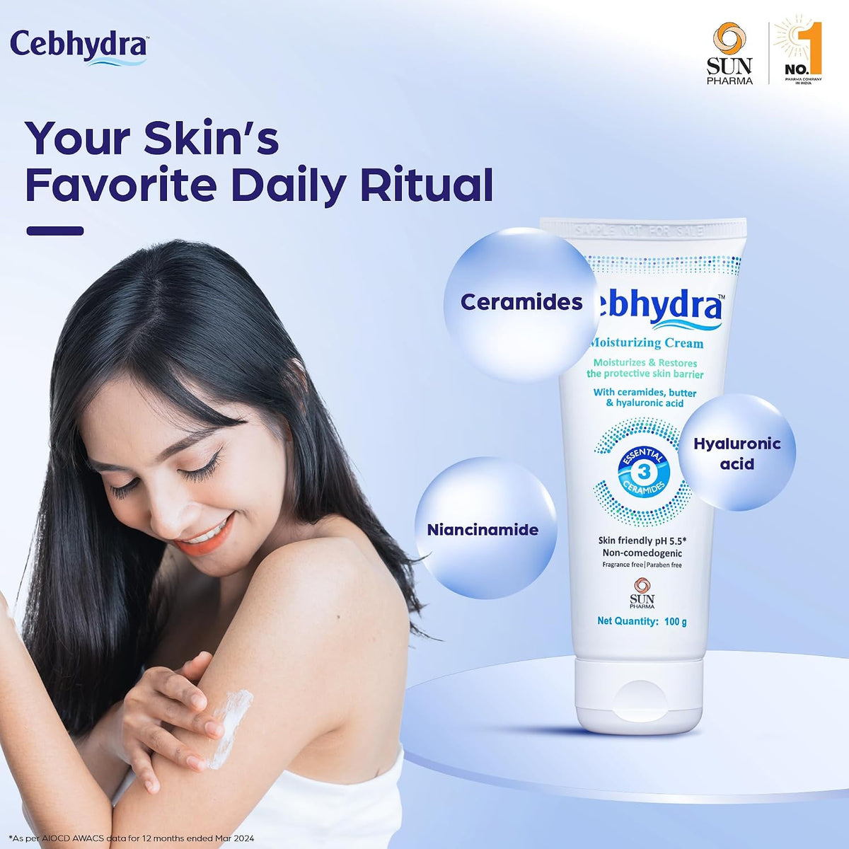 Sun Pharma Cebhydra Cream, Ceramides, Cholesterol & Fatty Acids, Deep Hydration for Sensitive, Dry & Damaged Skin, Dermatologist-Tested, Paraben-Free, NonComedo