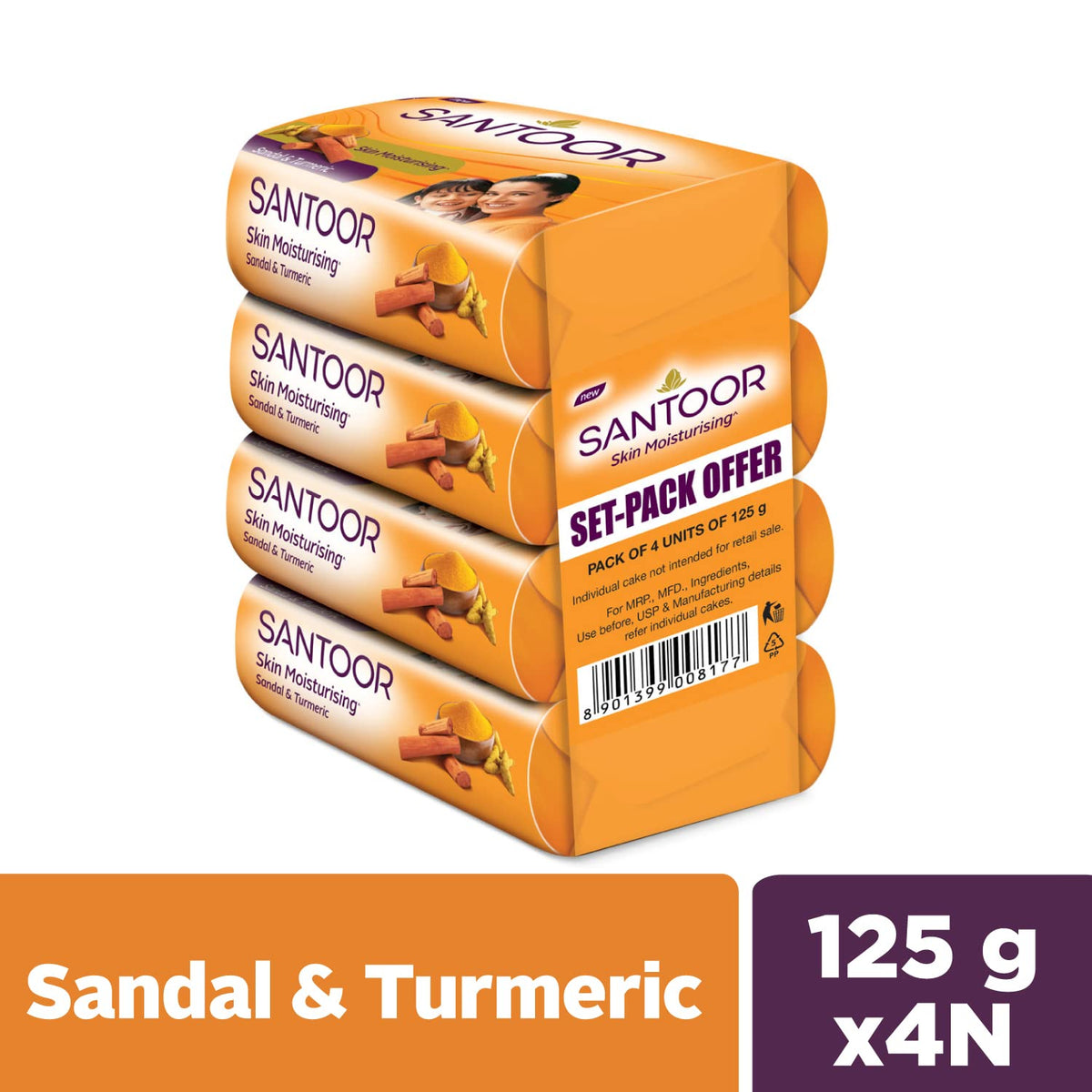 Santoor Sandal & Turmeric Soap for Total Skin Care, 125g (Pack of 4) 125 g (Pack of 4) Soap Only
