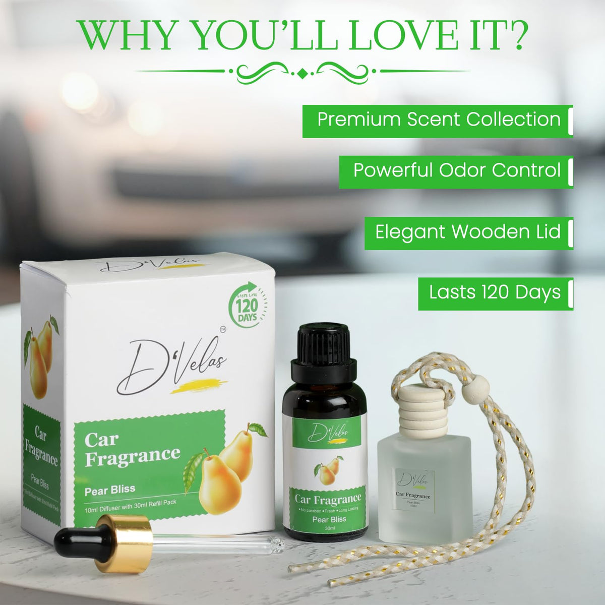 D’Velas™ 40ml Car Fragrance Diffuser Set – Long-Lasting Upto 120 Days | Pear Bliss | No Paraben | Elegant 10ml Wooden Lid Bottle with 30ml Refill | Perfume Diff