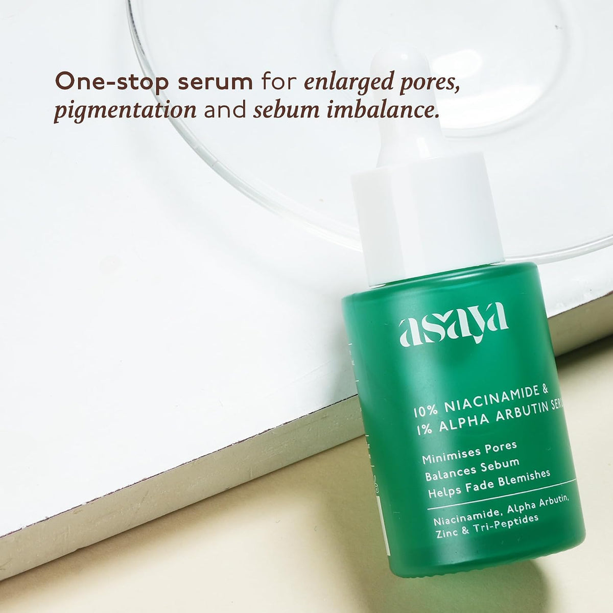 Asaya 10% Niacinamide Face Serum | With Alpha Arbutin & Zinc PCA | Fades Acne Marks, Dark Spots & Blemishes | Controls Sebum & Minimizes Pores | Brightens Skin