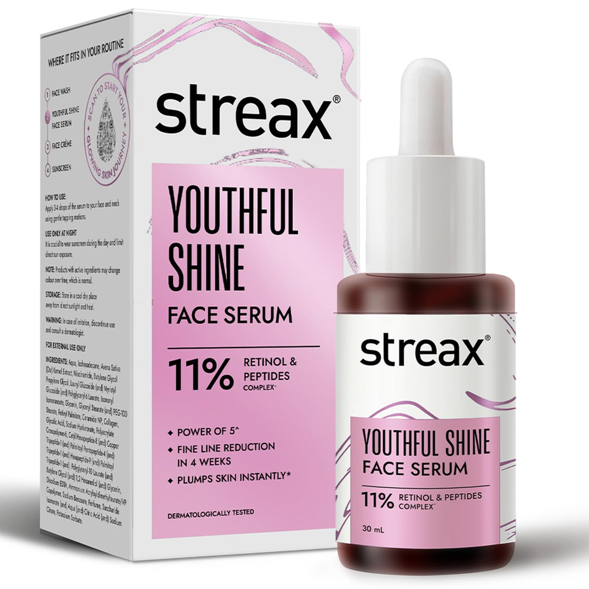 Streax Youthful Shine Face Serum, 30ml |11% Retinol & Peptide Complex | Reduces Fine Lines & Wrinkles | Anti-Ageing Serum | Dark spot removal serum| Reduces Pig