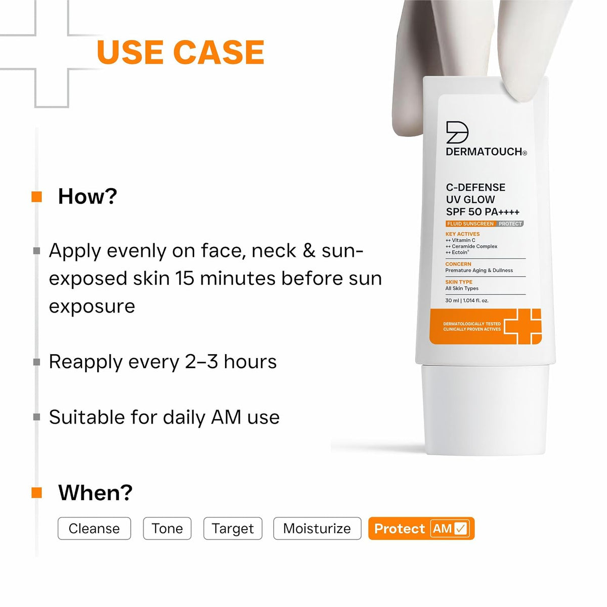 DERMATOUCH C-Defense SPF 50 PA++++ Fluid Sunscreen with Vitamin C & Ceramides | Broad Spectrum | For Premature Aging, Dullness & Sunburn | Zero White Cast | Lig