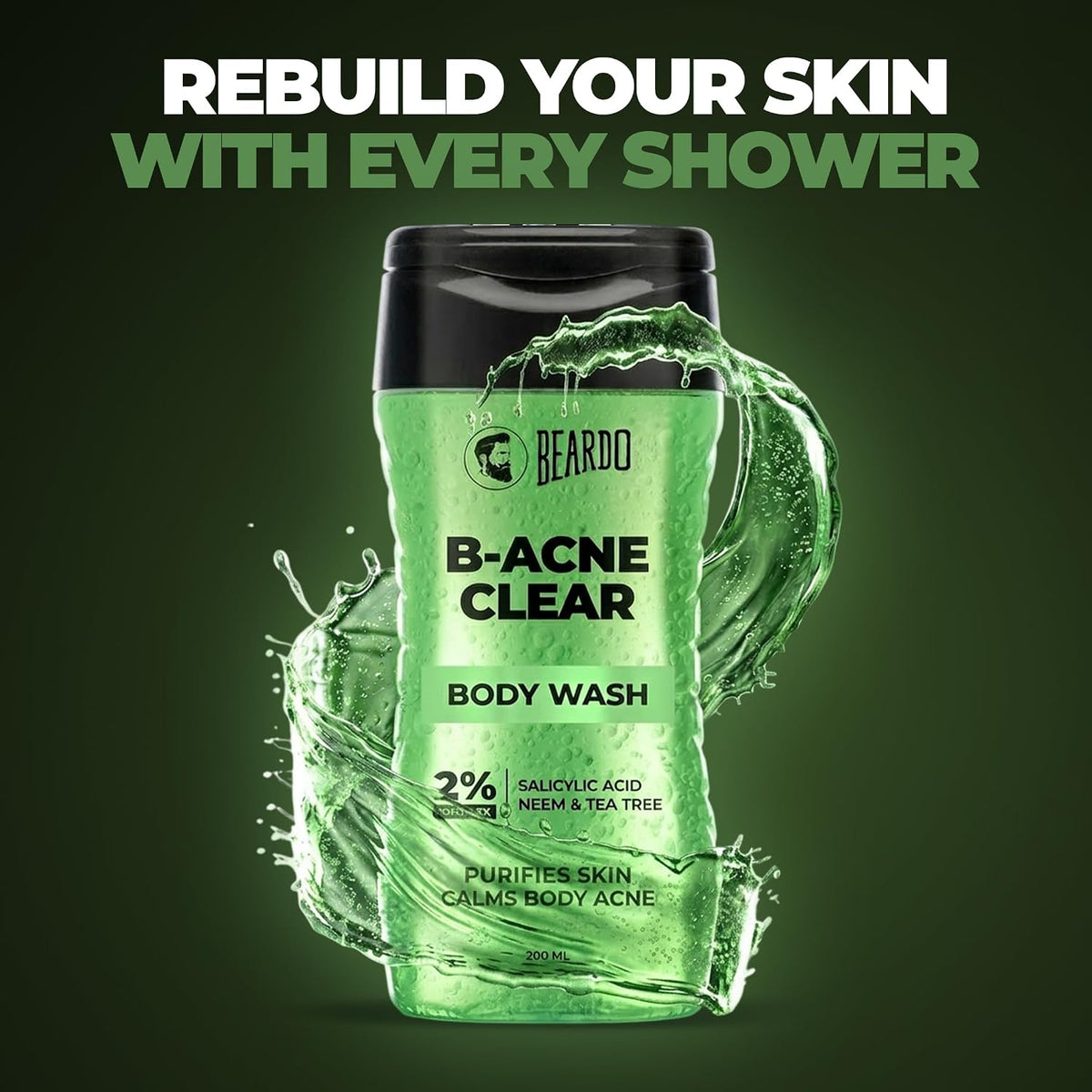 Beardo Body Acne Clear Body Wash for Men 200 ml | With Neem, Tea Tree and Salicylic Acid | Clean Clear Skin | For Body Acne and Skin Purification | B-acne Bodyw