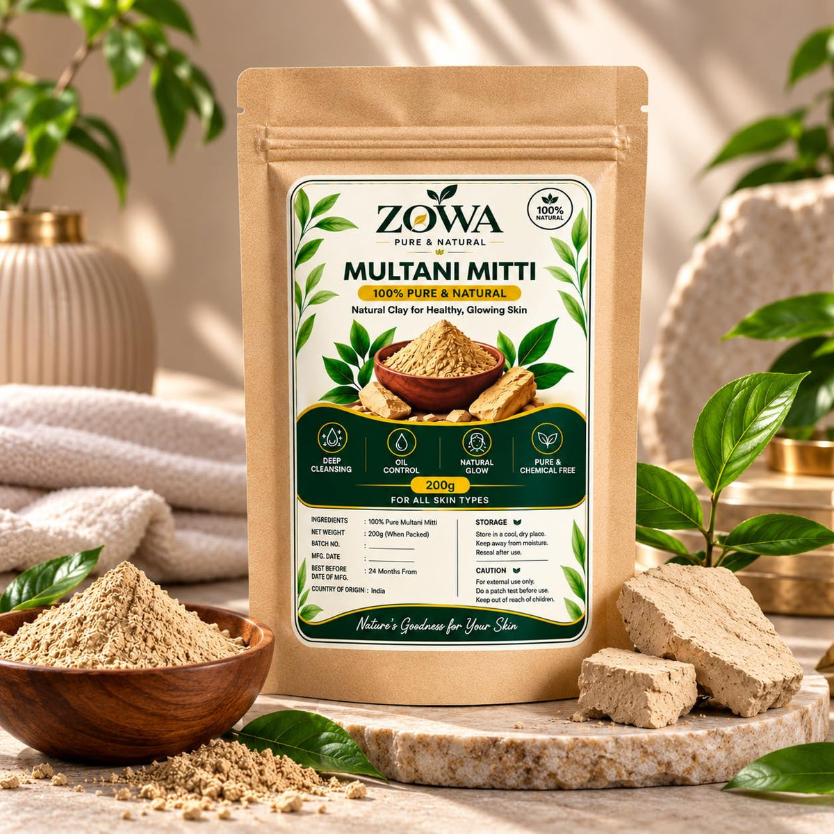 ZOWA Multani Mitti Powder 200g | Pure Natural Fuller’s Earth Face Pack | Deep Cleansing & Oil Control Clay for Face
