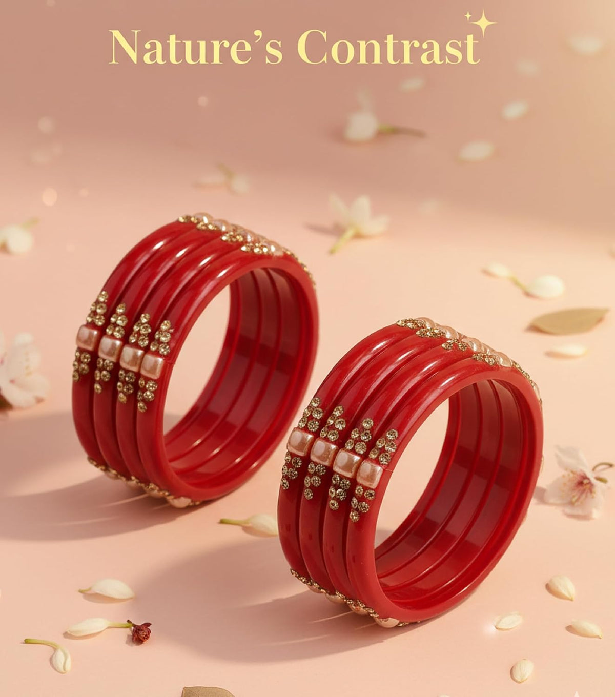Glass with Zircon Gemstone & Beads Studded worked Glossy Finished Kada Set For Women and Girls | Set of 8 Red 2.6 Inches