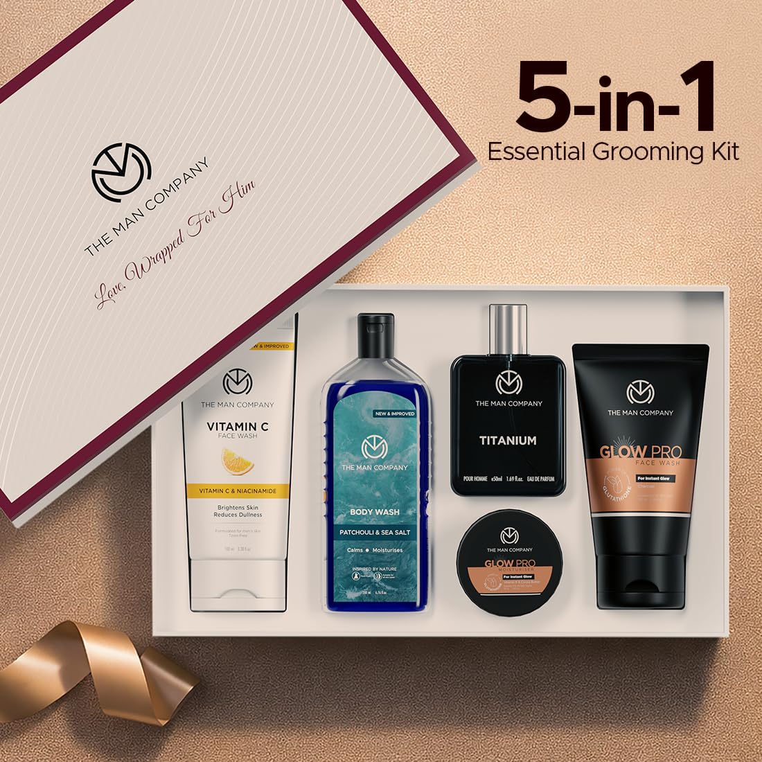 The Man Company Men's Grooming Kit - Unforgettable Him | Set of 5 | Premium Grooming Gift Set with Vitamin C Face Wash, Glow Pro Charcoal Face Wash, Patchouli &