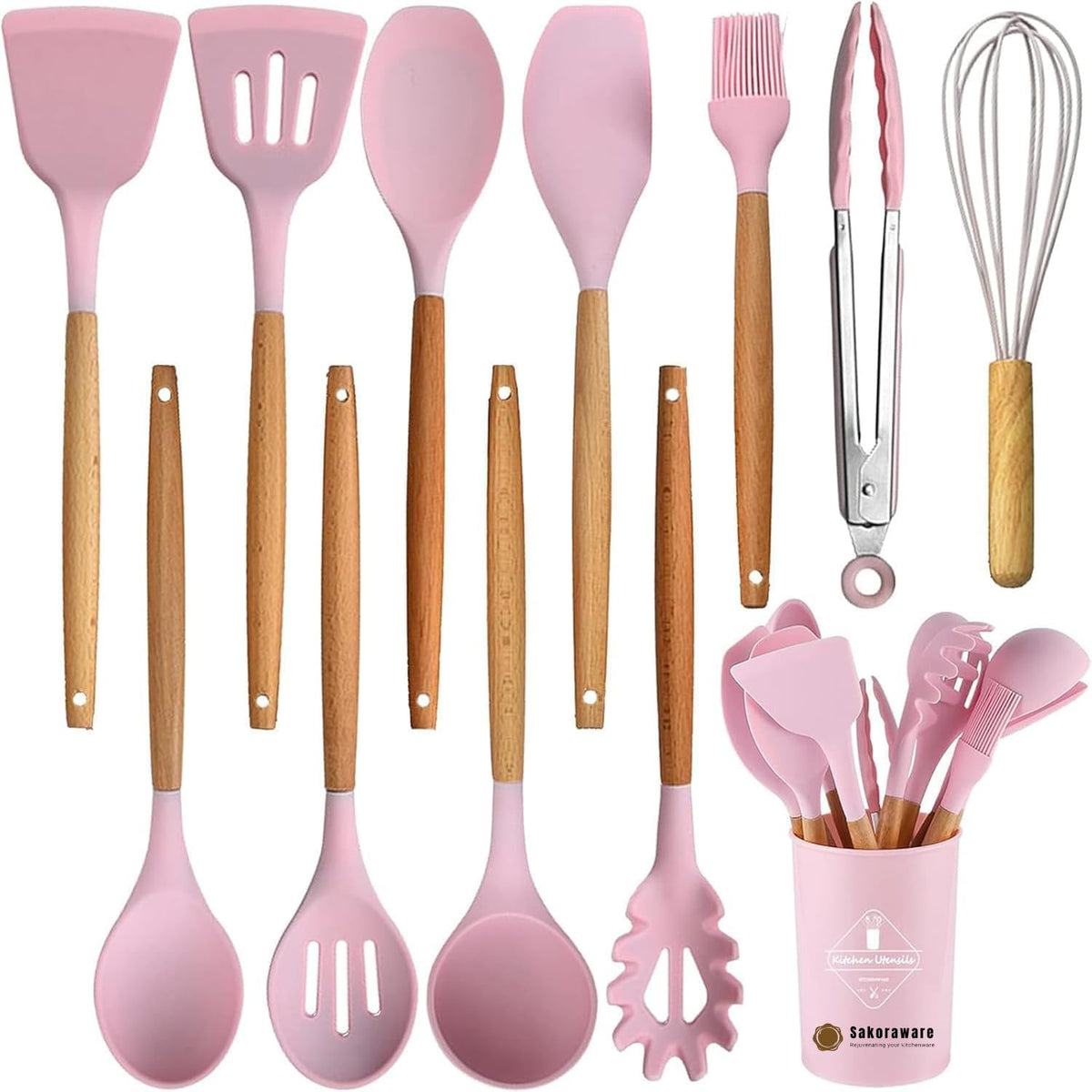 Sakoraware Silicone Kitchen Utensils Spoon Spatula Cooking 12 Pcs Set | Baking Set | Non-Stick with Wooden Handle- BPA Free, Heat Resistant Item Flexible Non To