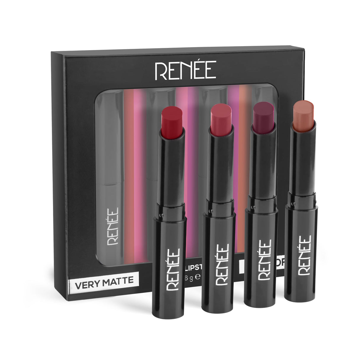 RENEE Very Matte - Pack of 4 Matte Lipsticks, Intense Color Pay Off, Full Coverage Long Lasting Weightless Velvety Formula 6.4 g (Pack of 1) Very Matte