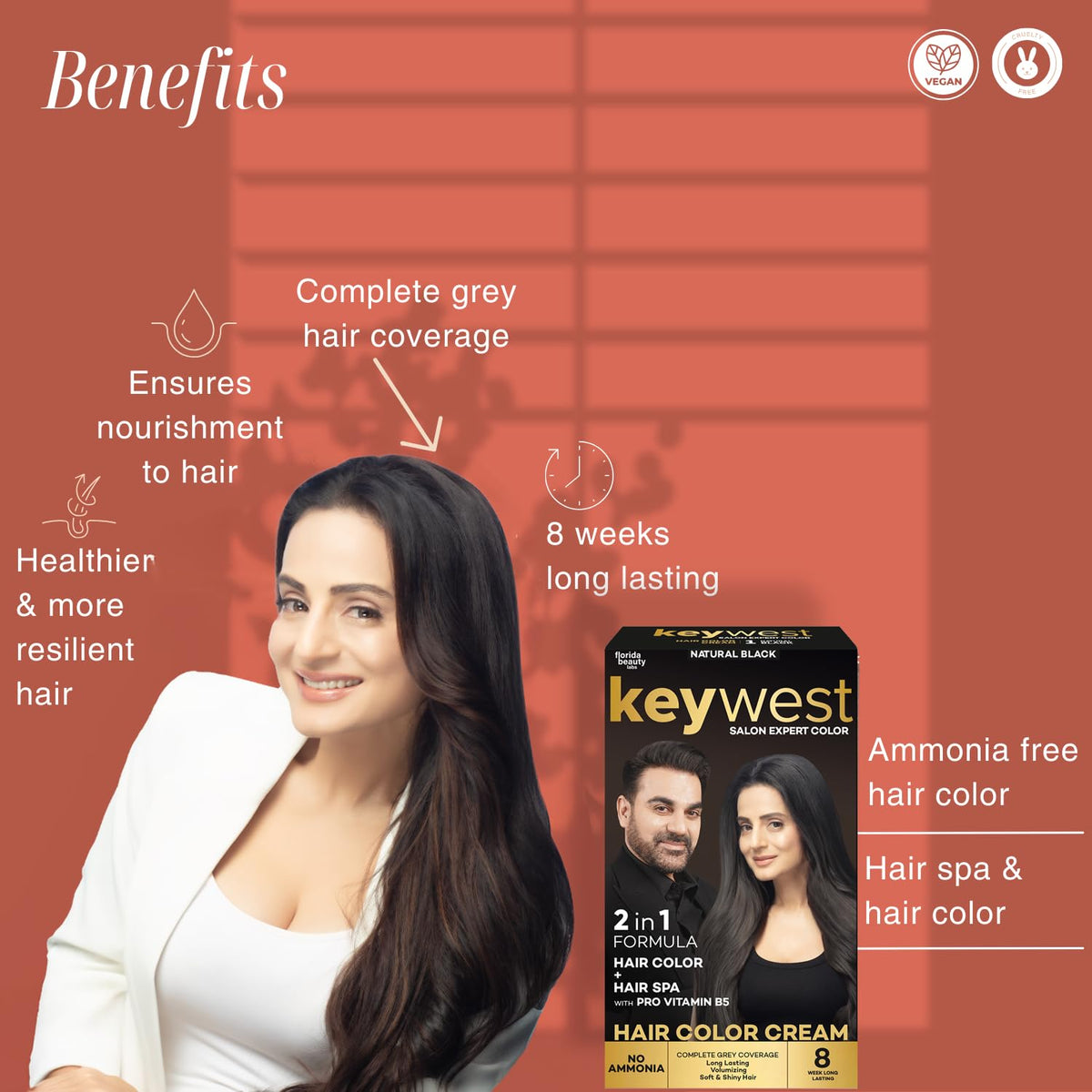 Keywest Crème Hair Colour Natural Black - 65ml (Ammonia Free) | Hair Color Cream | 2in1 Formula Hair Color + Hair Spa with Pro Vitamin B5