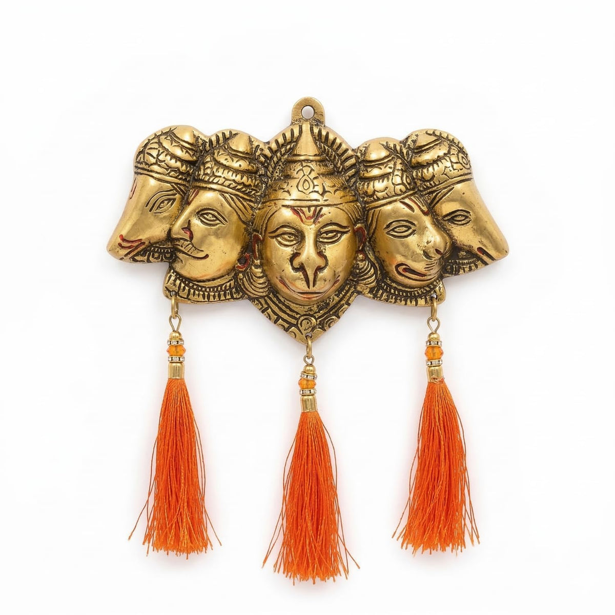 Smizzy panchmukhi Hanuman for Door Entrance Hanging, Gold Finish Wall Hanging Statue Showpiece with Orange Latkan for Main Gate, Metal Hindu God anjaneya Swamy