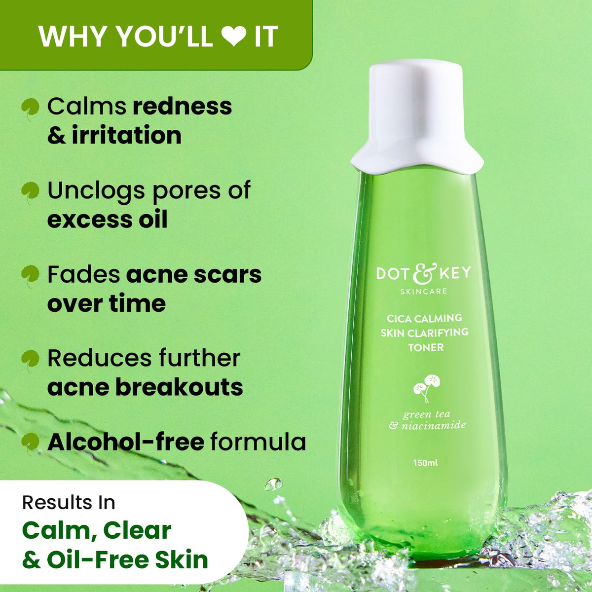 Dot & Key Cica Calming Skin Clarifying Toner with Green Tea & Niacinamide | Toner for Acne Prone Skin | Niacinamide Toner For Acne, Oily & Sensitive Skin | Fade