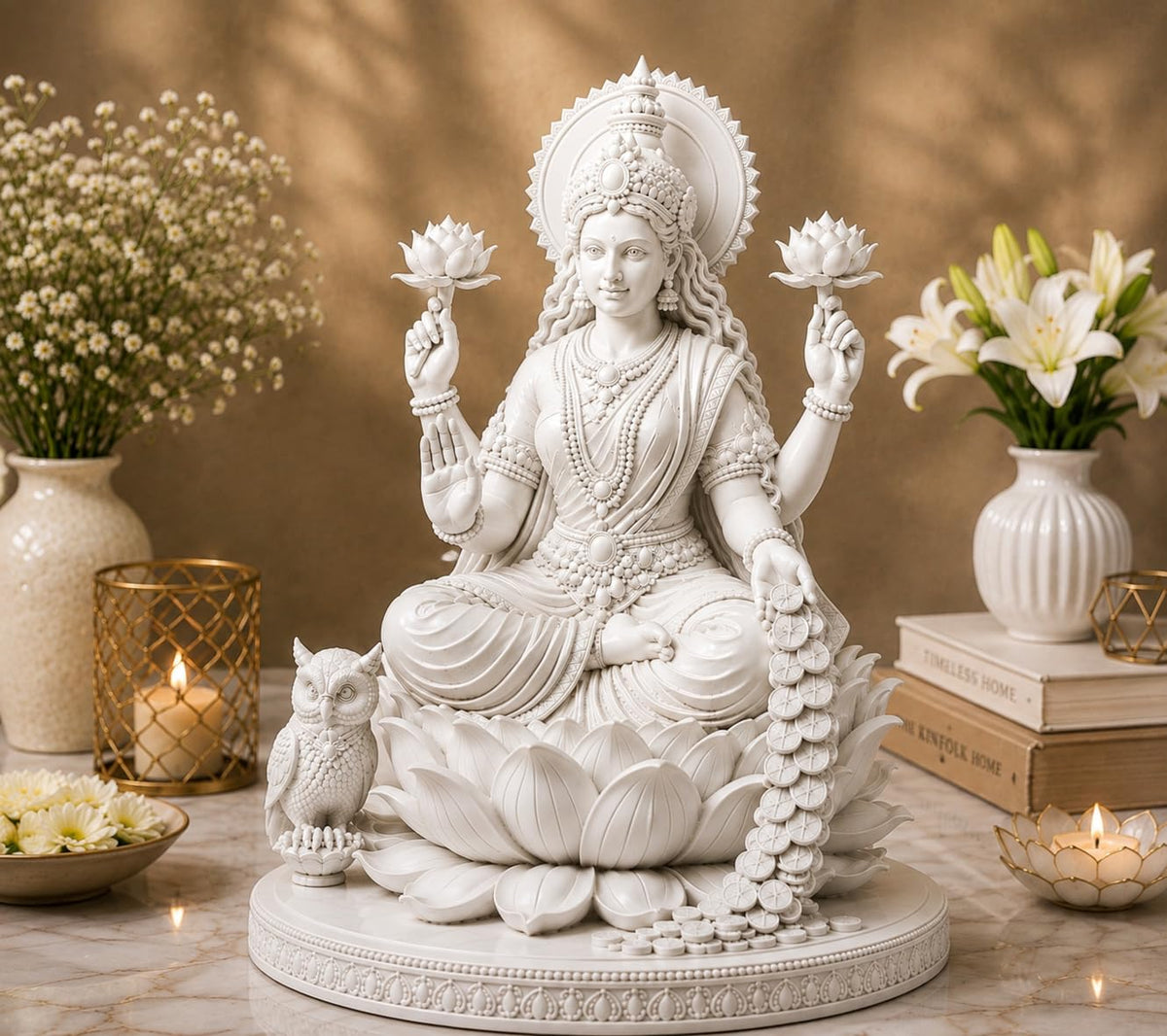 Premium Polymer Goddess Lakshmi Murti on Lotus - Car Dashboard - 12 cm White