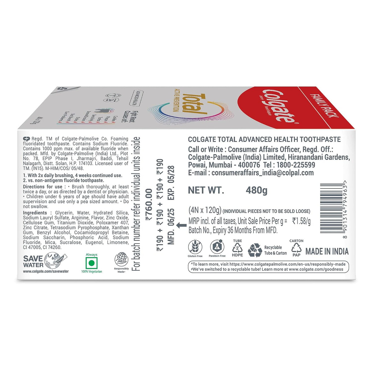 Colgate Total 300gm (2 x 150gm) Advanced Health Anti-Germ Toothpaste with Toothbrush, Tooth Paste with 12-Hour Anti-Germ & Enamel Protection, Whole Mouth Health
