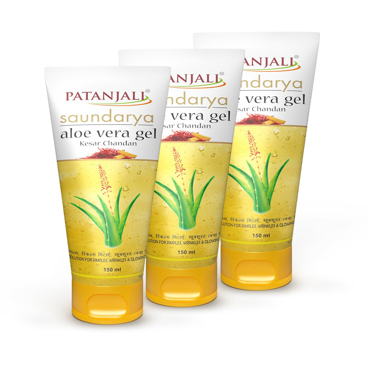 Patanjali Saundarya Aloe Vera Gel Kesar Chandan, for Skin Hydration and Nourishment with Natural Aloe Vera Extract 150ml (Pack of 3) 450 ml (Pack of 1)