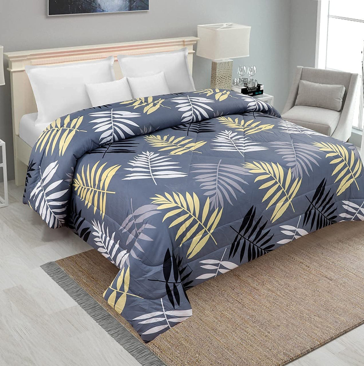 THE HOME STYLE Supersoft Glace Cotton Elastic Fitted All Around King Size Printed Double Bedsheet with 2 Pillow Cover & King Size Comforter/Duvet/Blanket (72"x7