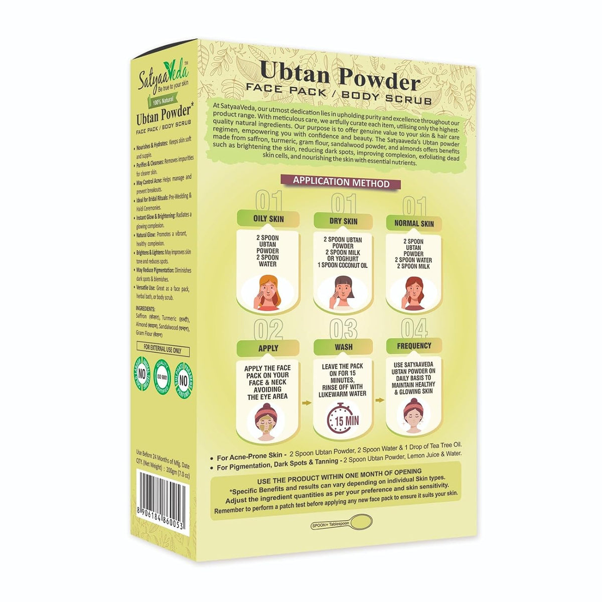 SatyaaVeda Ubtan Ayurvedic Face Pack & Body Scrub Herbal Powder | Brightening, Glow & Tan Removal with Sandalwood, Saffron, Turmeric & Almond | Bridal Haldi Cer