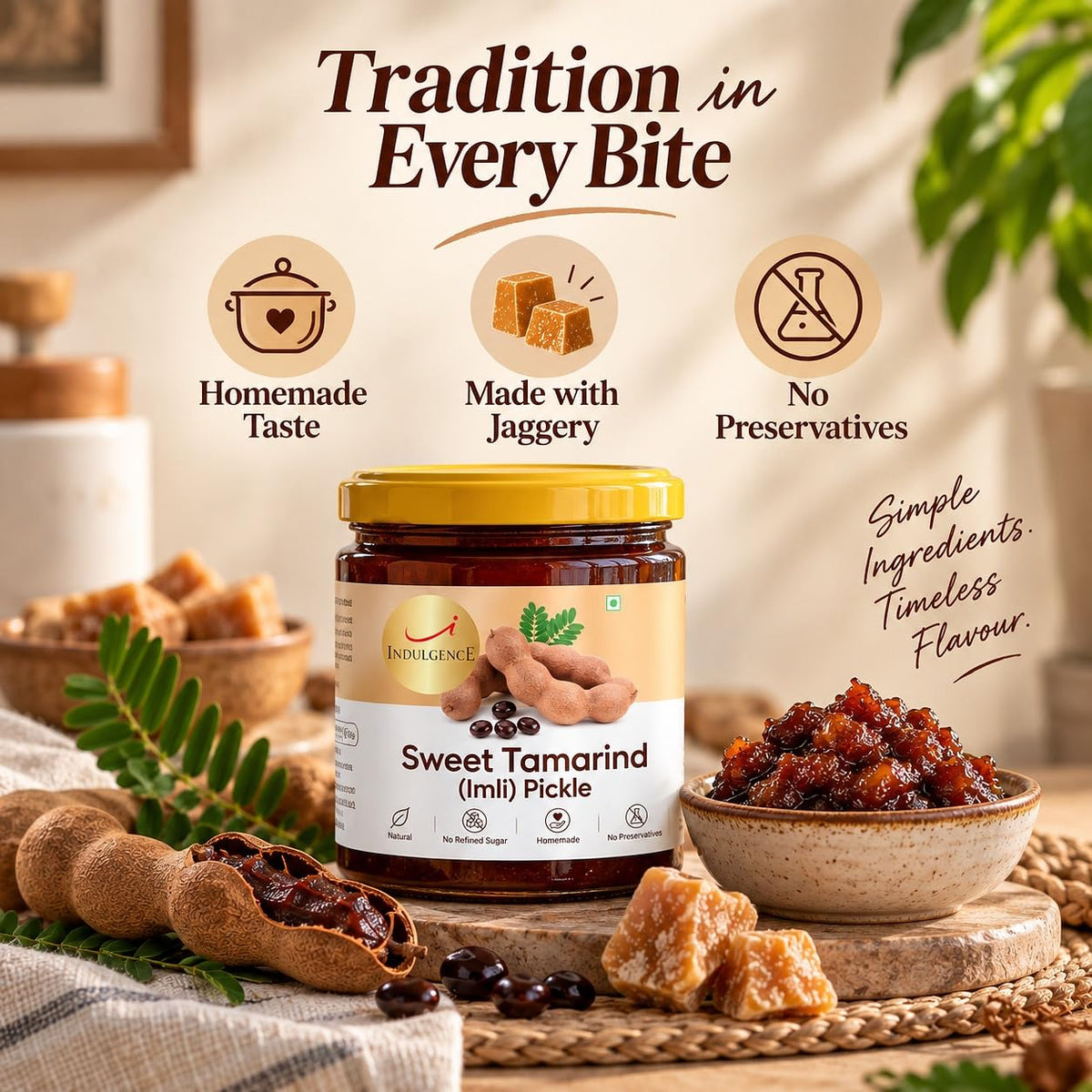 INDULGENCE Tamarind Pickle (Imli Achar) 200g × 2 | Sweet & Tangy | Organic Jaggery, Rock Salt, Red Chilli & Panch Phoran | No Refined Sugar, No Preservatives Pa