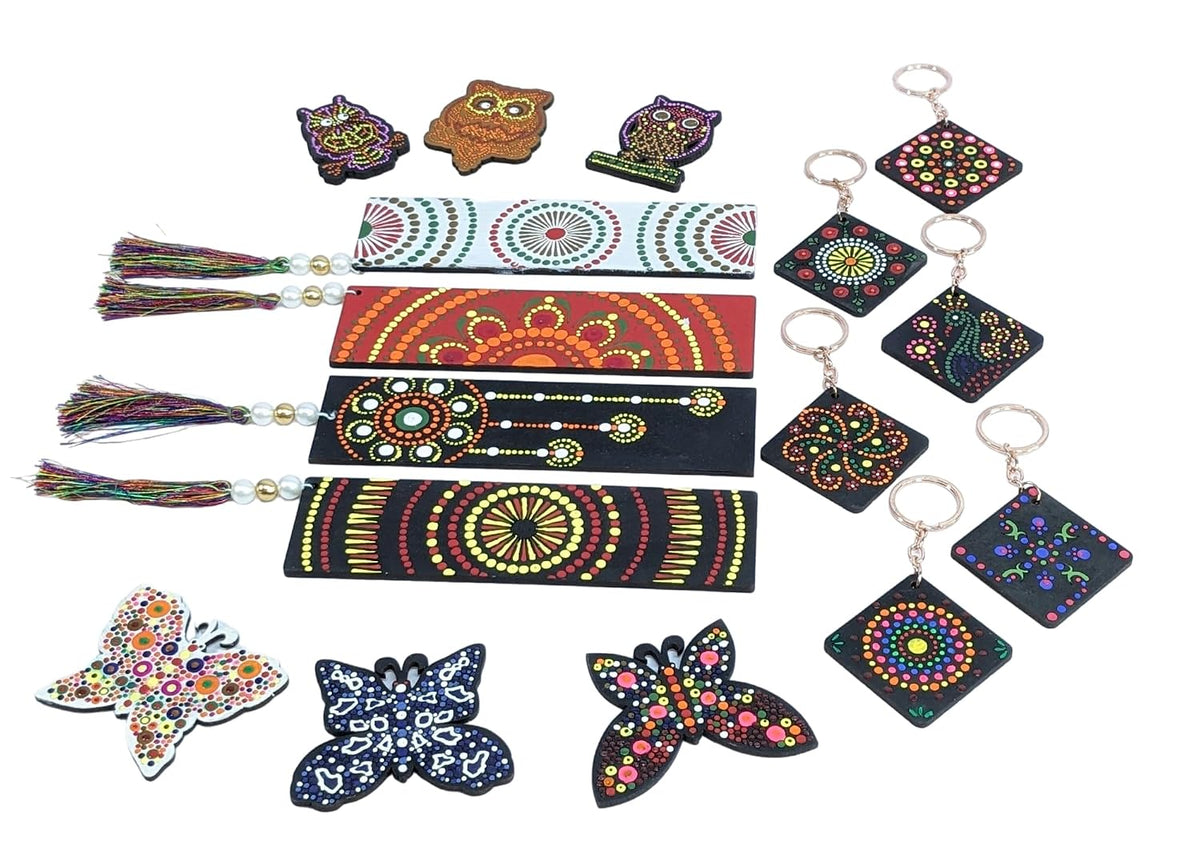 DIY 17 Pieces Ultimate Dot Mandala Painting Kit. Painting Kit with Pre-Mark Wooden Keychain (6), Fridge Magnets (7), Bookmark (4) Tools, Paint Brush, 6 Acrylic