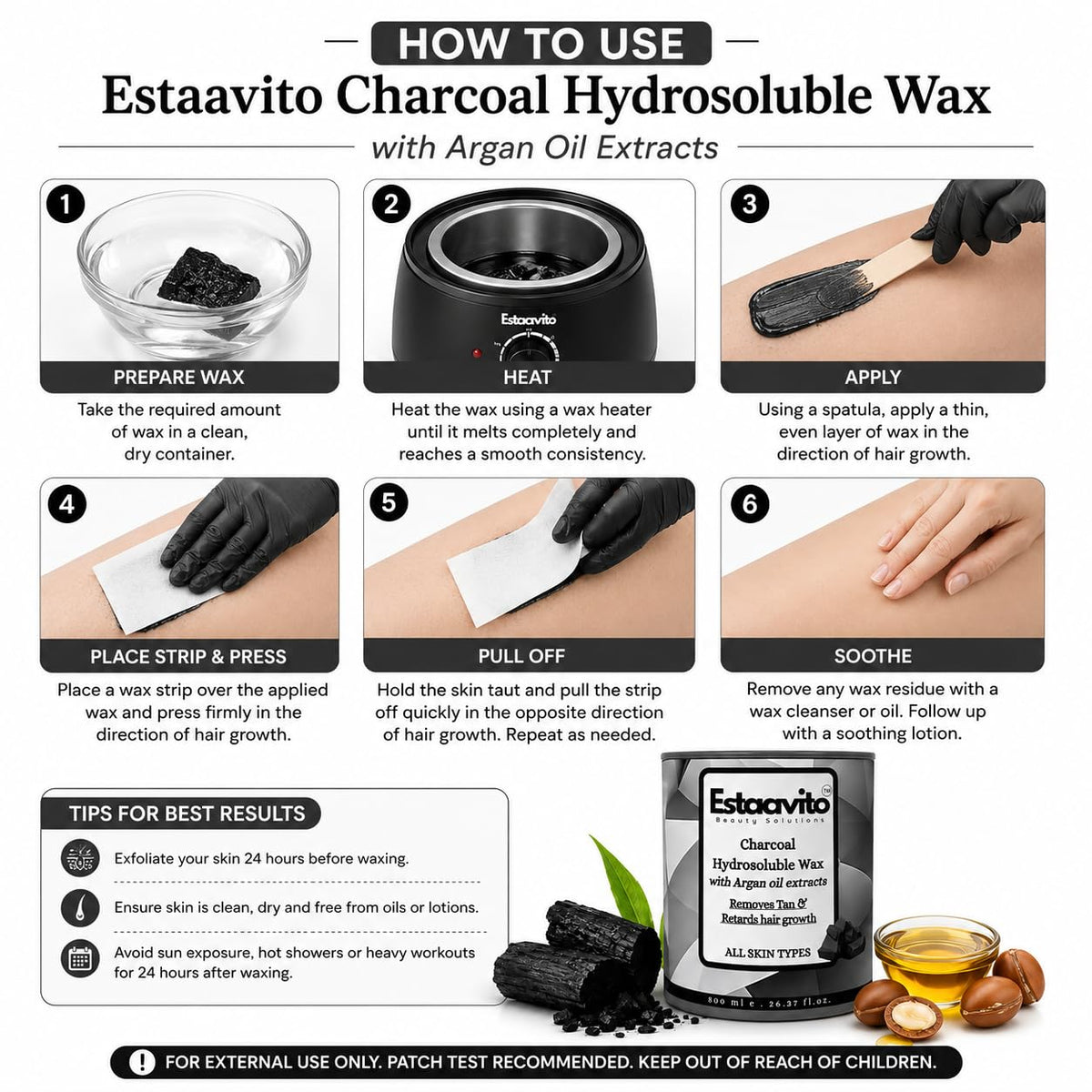 ESTAVITO CHARCOAL Wax 780ml For Hair & Tan Removal | Hydrates & Moisturizes | Perfect for waxing arms, legs, back, chest, and other body areas | Easy to clean w