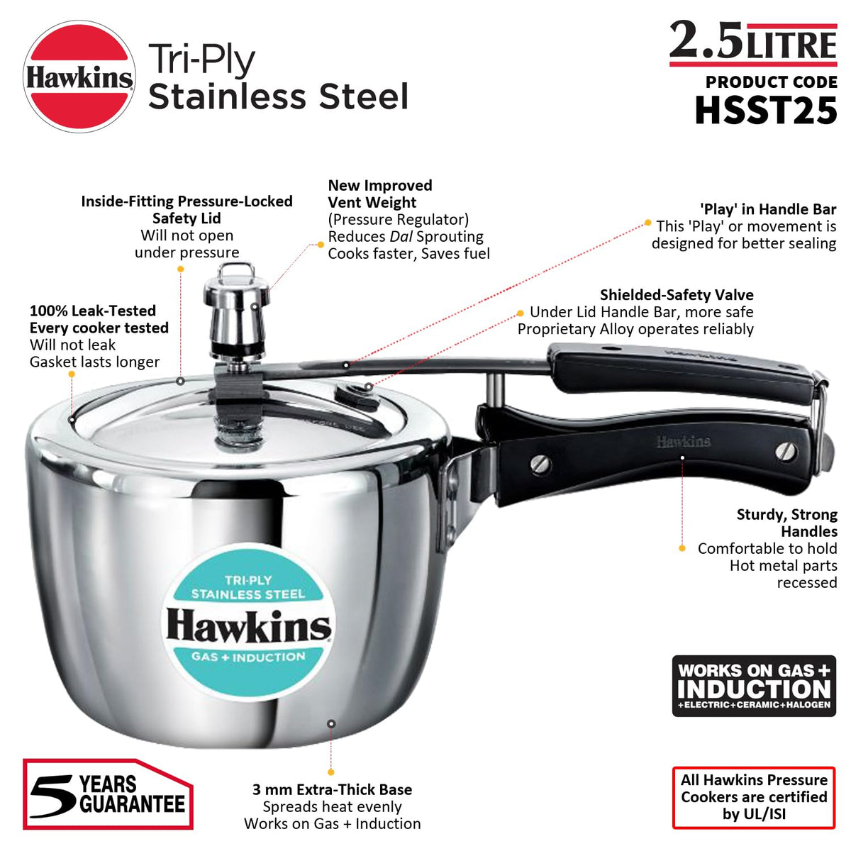 Hawkins 1.5 Litre Triply Stainless Steel Pressure Cooker, Inner Lid Induction Baby Cooker, Silver (HSST15) 1.5 Litres