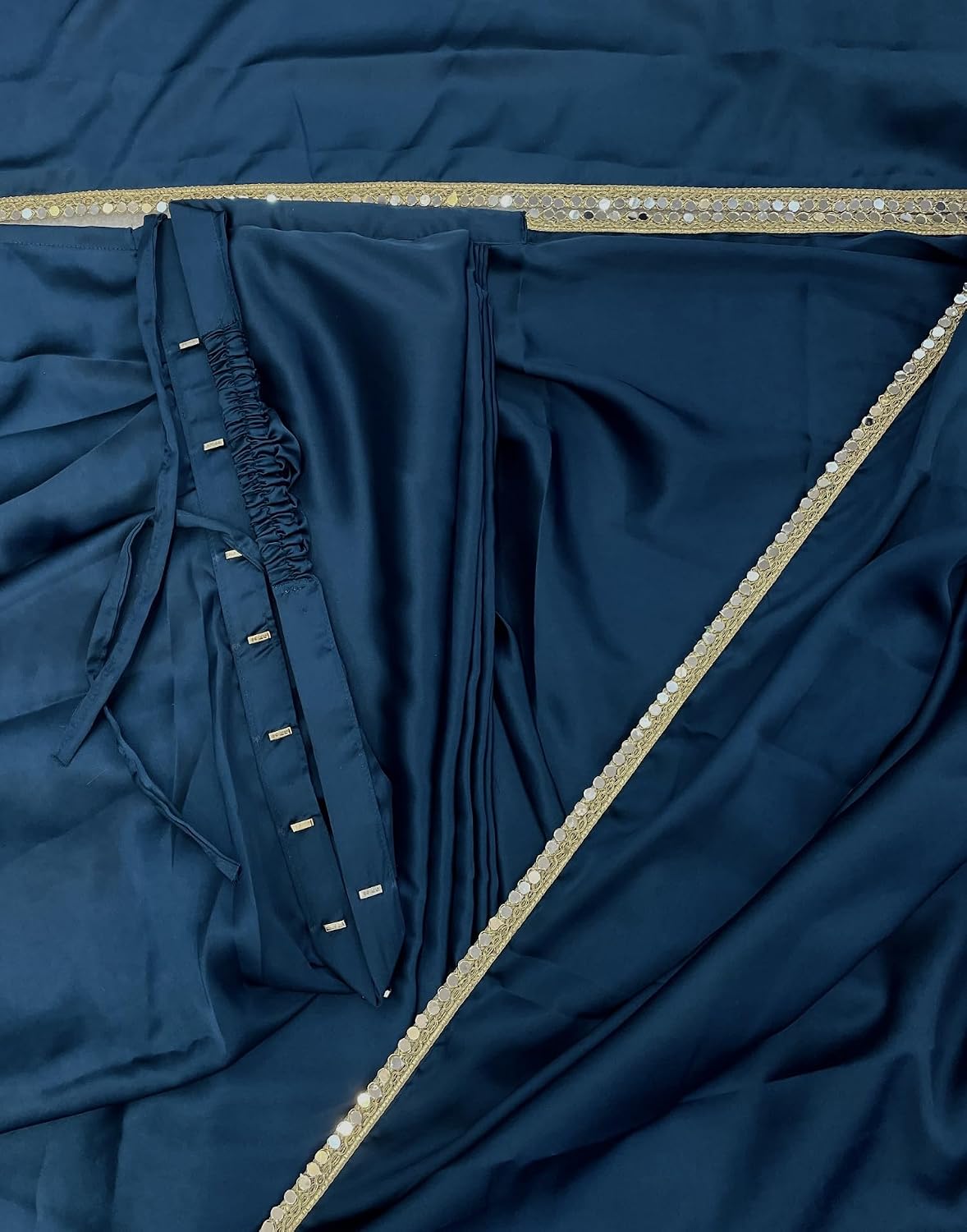 1 Minute Pre-Pleated Silk Satin Saree Ready to Wear with Unstitched Blouse Royal Blue One Size