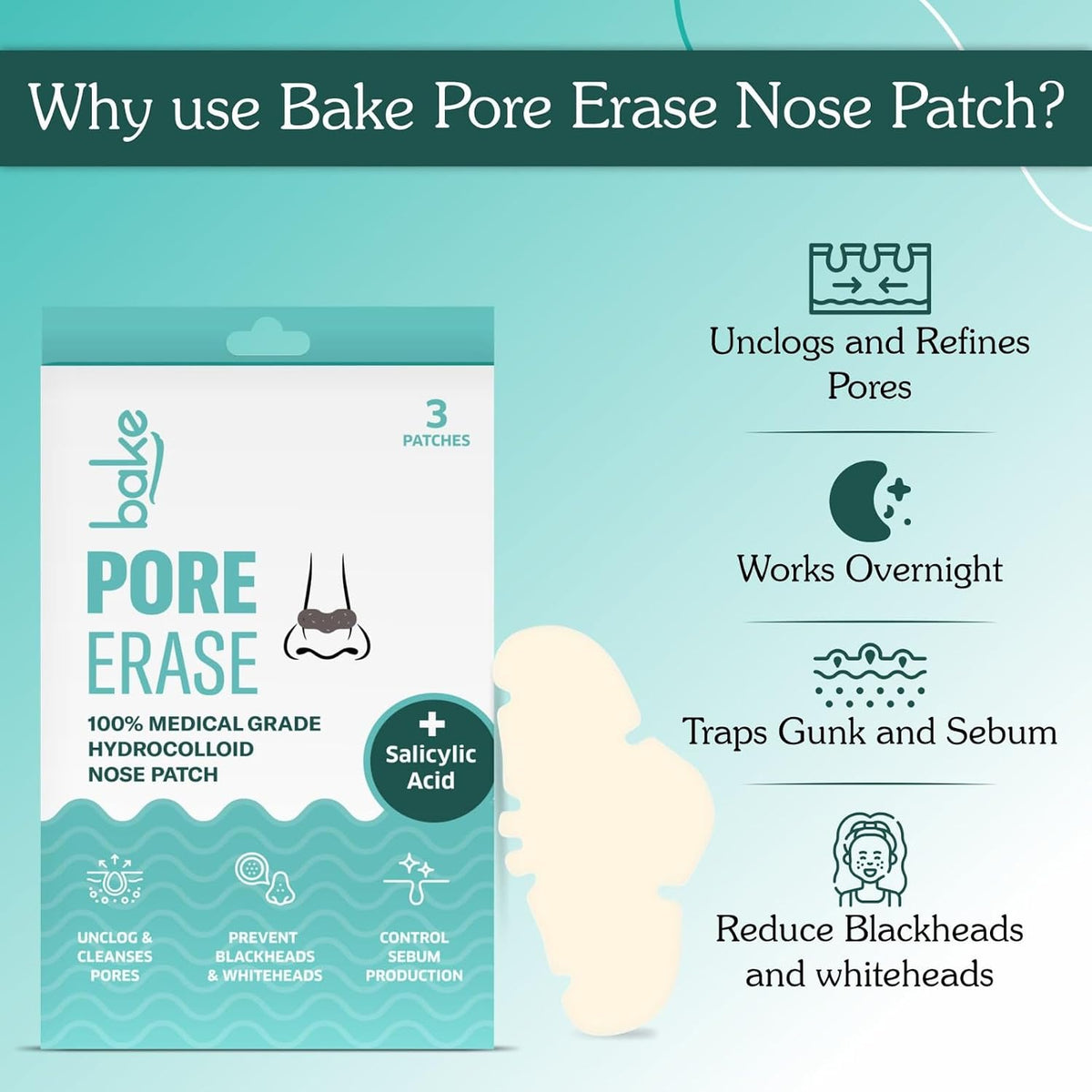 BAKE 2% Salicylic Acid Nose Strips for Blackheads Removal, Whiteheads & Pore Cleansing | Hydrocolloid Nose Patches for Clogged Pores, Deep Cleansing, Controlled