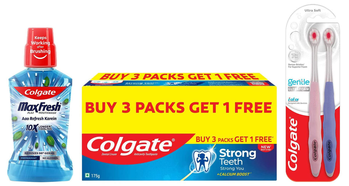 Colgate Plax Pepper Mint Mouthwash, 0% Alcohol - 500 ml & Gentle UltraFoam Ultra Soft Bristles Manual Toothbrush & Strong Teeth Cavity Protection Toothpaste, Co