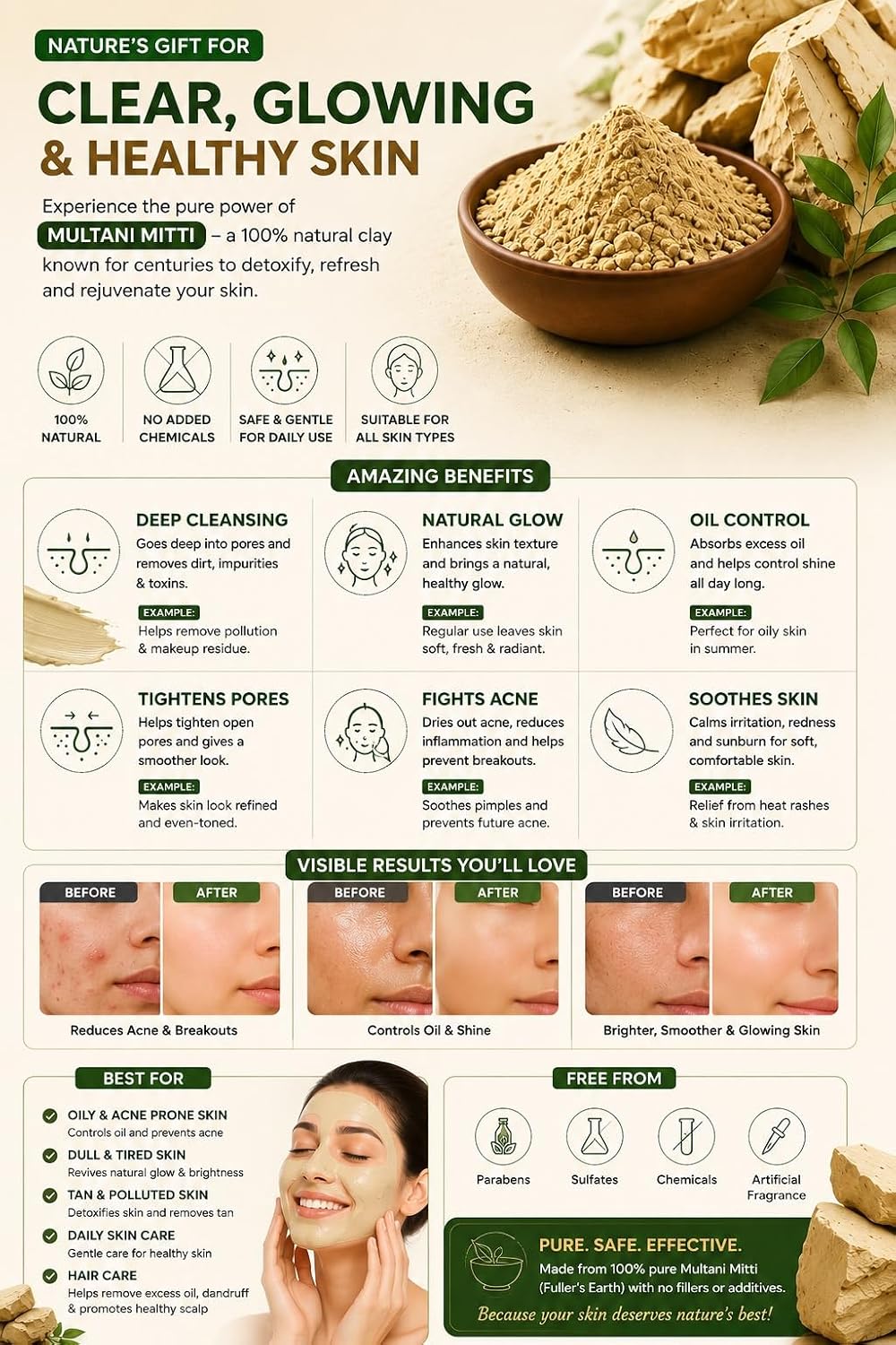Multani Mitti Powder for Skin and Hair | Multani Mitti with Bowl and Brush | Natural Fullers Earth Face Pack for Oily & Acne Prone Skin 400g