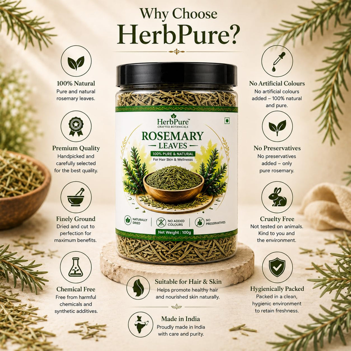 HerbPure Dry Rosemary Leaves 100g | 100% Natural | For Hair & Skin