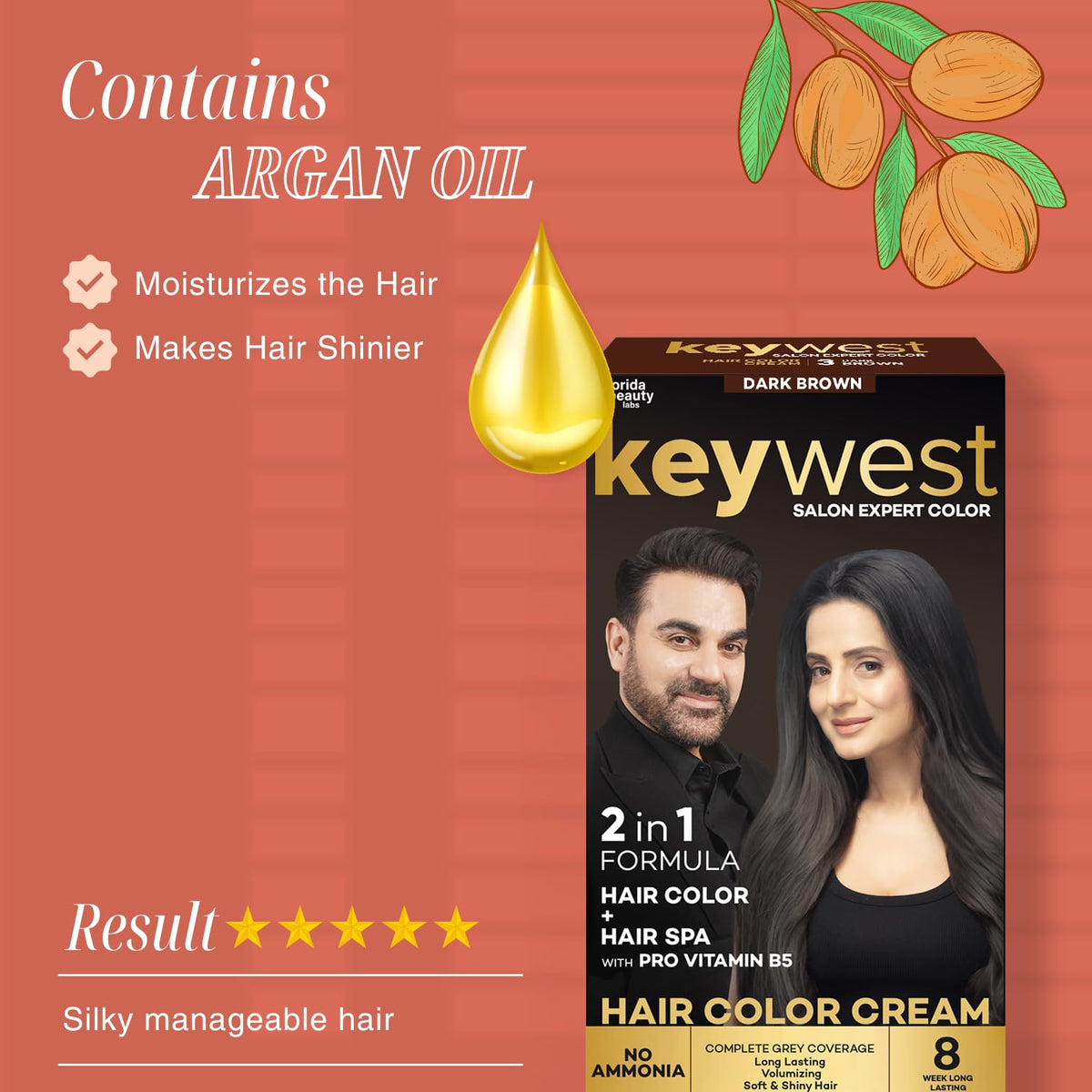 Keywest Crème Hair Colour Dark Brown - 130ml (Ammonia Free) | Hair Color Cream | 2in1 Formula Hair Color + Hair Spa with Pro Vitamin B5