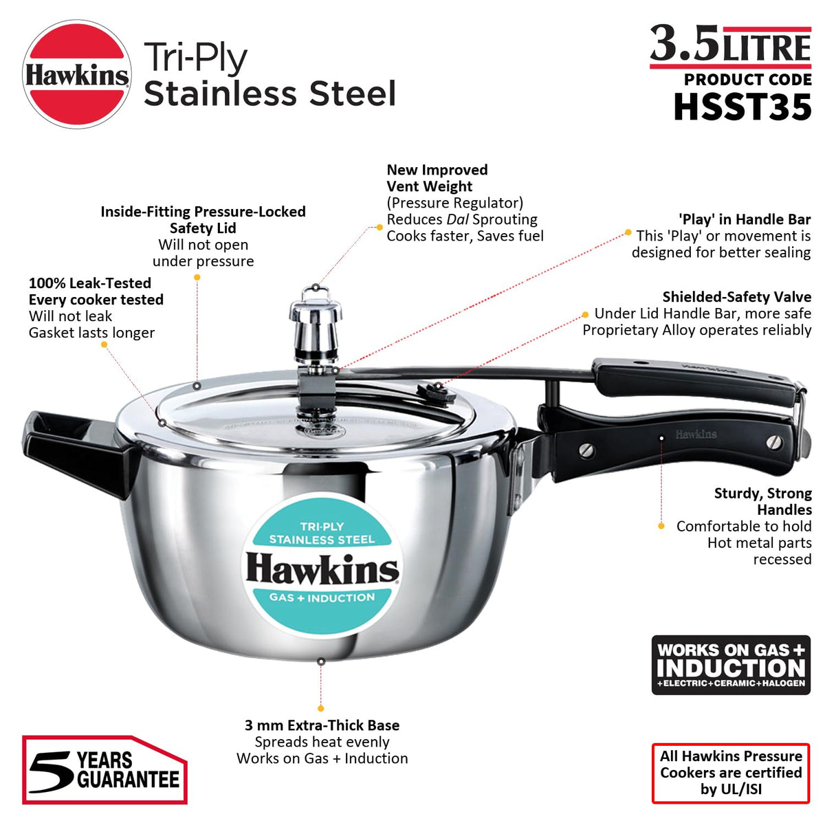 Hawkins 1.5 Litre Triply Stainless Steel Pressure Cooker, Inner Lid Induction Baby Cooker, Silver (HSST15) 1.5 Litres