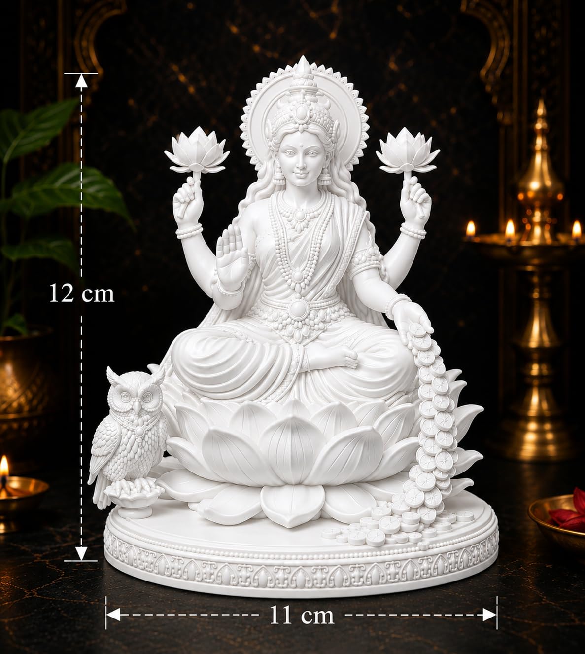 Premium Polymer Goddess Lakshmi Murti on Lotus - Car Dashboard - 12 cm White