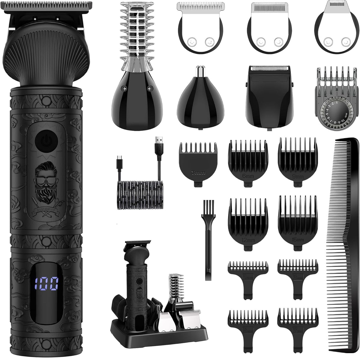 Scttomon Beard Trimmer for Men Professional Mens Beard Grooming Kit T-Blade Trimmer Razor Nose Body Trimmer Hair Cutting Kit Cordless 7 in 1 Black