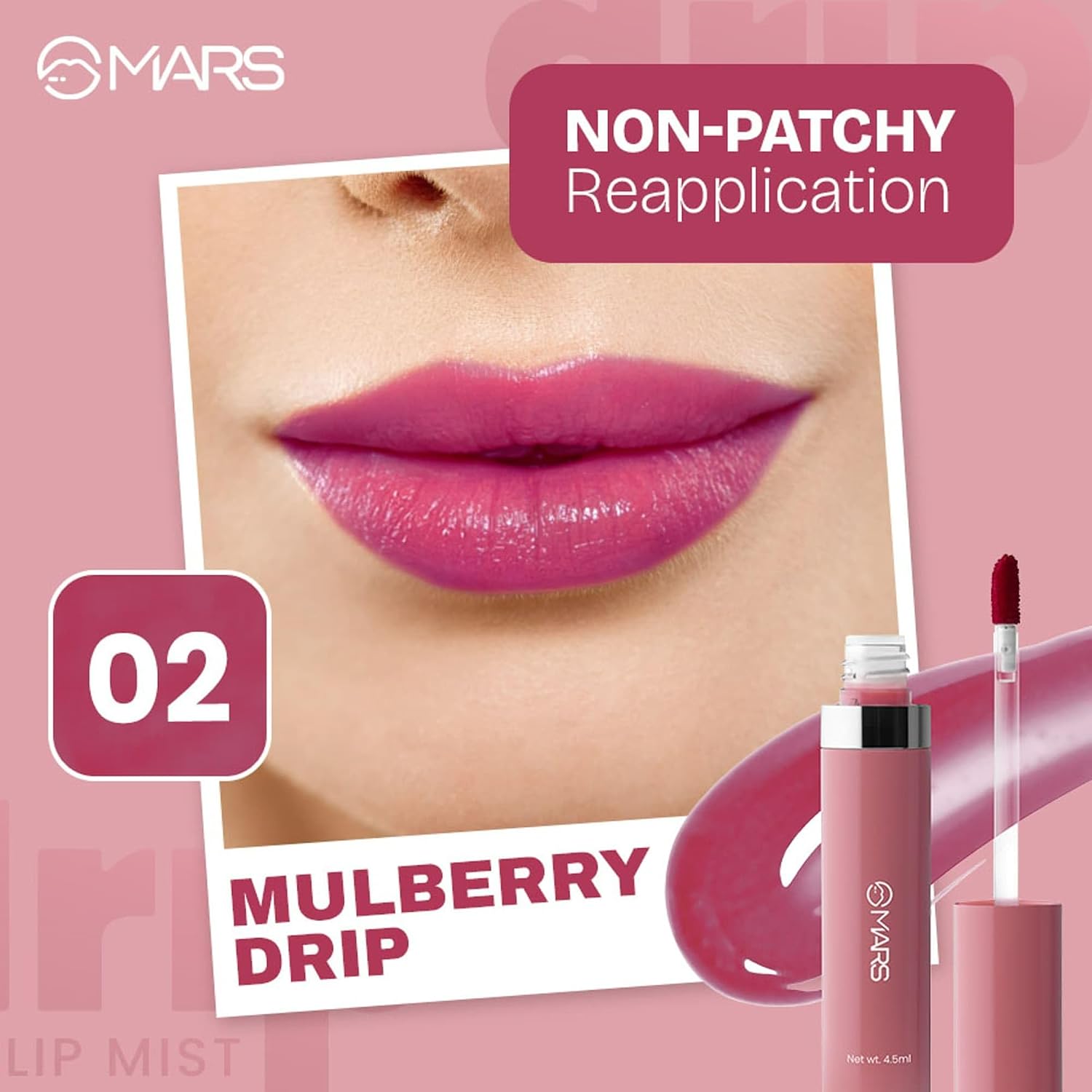 MARS Drip Lip Tint for Women (4.5 ml) (02-Mulberry Drip) | Lightweight & Long-Lasting | Comfortable Long Wear | Non-patchy Reapplication |Buildable Color, Glossy Finish