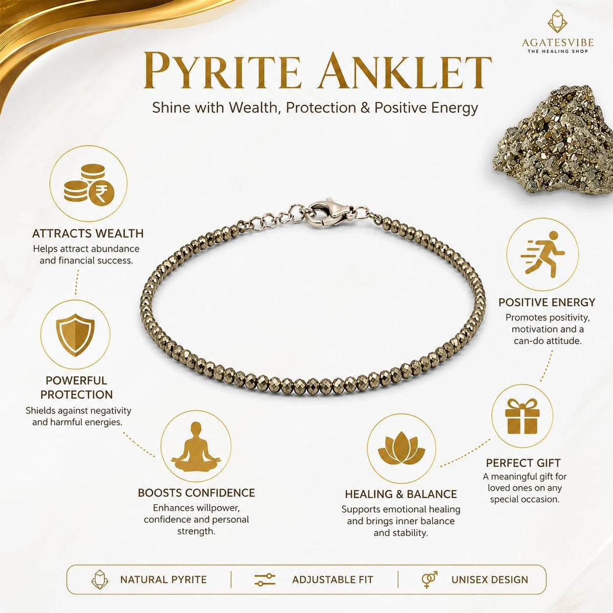 Pyrite Anklet for Women | Certified Natural Crystal Anklet | Adjustable Healing Crystal Jewellery | Wealth, Luck, Protection | Includes Free Raw Pyrite Stone (4