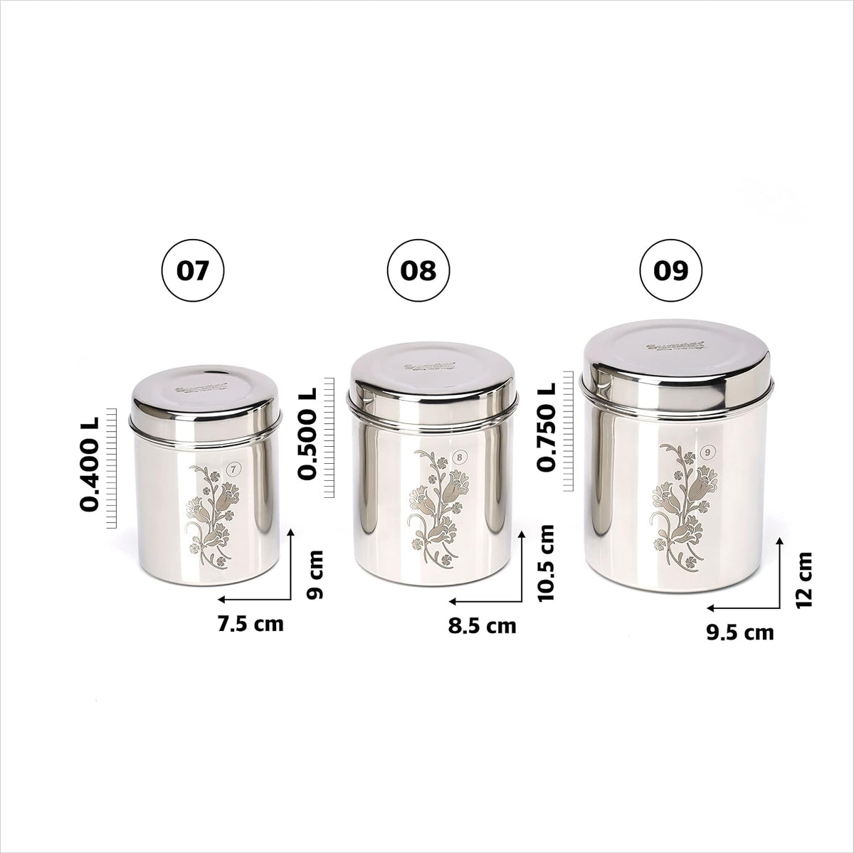 Sumeet Designer Stainless Steel Vertical Canisters/Ubha Dabba/Storage Containers Set of 3Pc (400ml,500ml,750ml), Silver