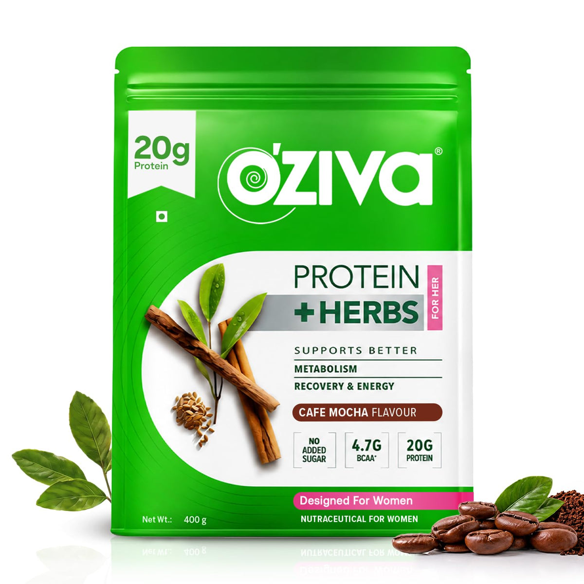OZiva Protein & Herbs for Women, No Added Sugar, Cafe Mocha, 400g 400 g (Pack of 1)