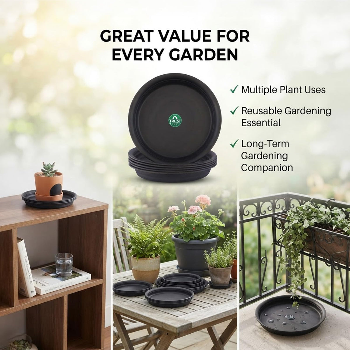 TrustBasket UV Treated Round Bottom Tray/Plate/Saucer Suitable for 10 inch Round Plastic Pot - Set of 6 | Heavy Duty Highly Durable Plant saucerGamla for Indoor