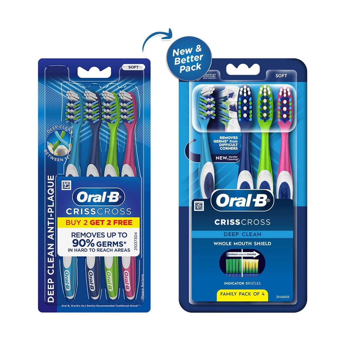 Oral-B Crisscross Deep Clean Soft Bristle Manual Toothbrush For Adults, Multicolour Toothbrush Set, Oral B Dentist Recommended Brand (Pack of 4)