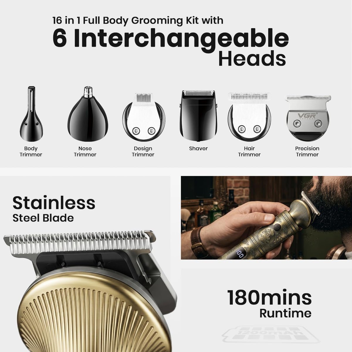 VGR V-106 Professional 6-in-1 Men’s Grooming Kit, Includes Hair Clipper, Shaver, Nose & Body Groomer, 180-Min Runtime, 1200mAh Lithium Battery, USB Fast Chargin
