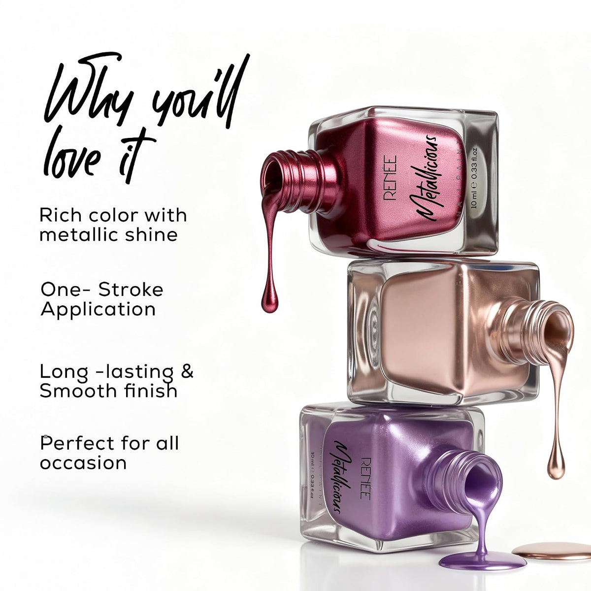 RENEE Metallicious Nail Paint Orchid Spell, Quick Drying, Metallic Finish, Long Lasting, Chip Resisting Formula with High Shine & Full Coverage, Acetone & Parab
