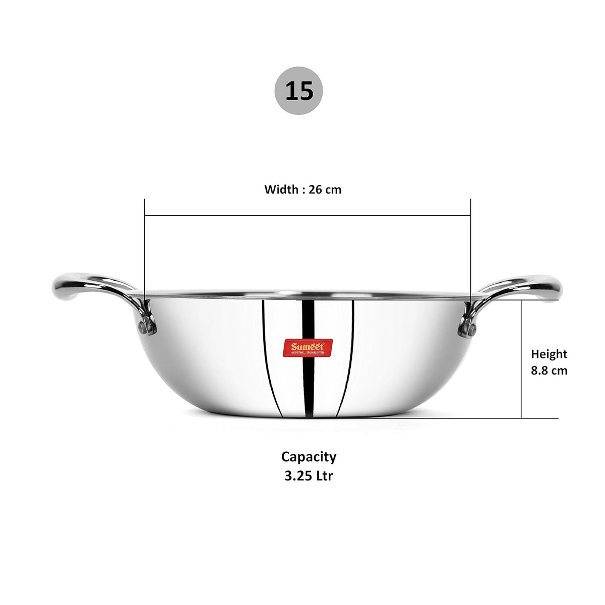 Sumeet Cook Smart TriPly Steel-Aluminium-Steel - 3 Layers Kadhai - 3.25Ltr - 26Cm 3.25 Liter